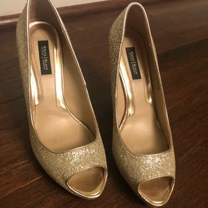 Gold open toe heels